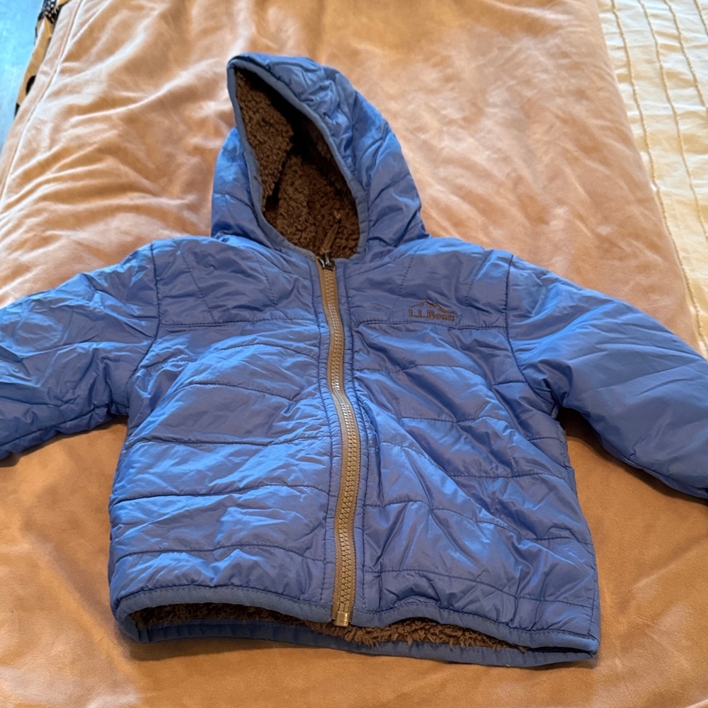 L.L. Bean Light Blue Hooded Puffer Jacket with Brown Sherpa Lining